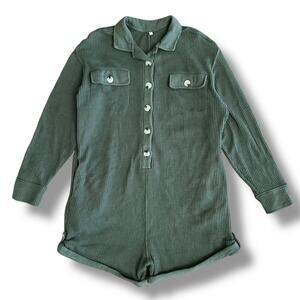 Olive Green Waffle Knit Button-Up Romper Size L Long‎ Sleeve Collared Lounge